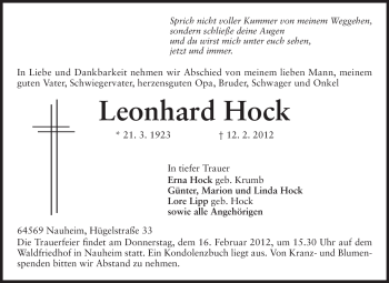 Traueranzeige von Leonhard Hock von Rüsselsheimer Echo, Groß-Gerauer-Echo, Ried Echo