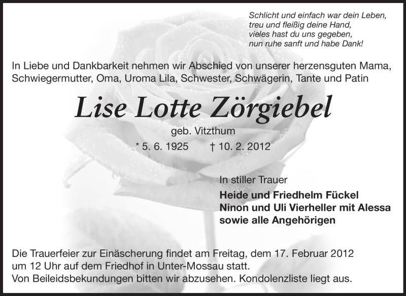  Traueranzeige für Lise Lotte Zörgiebel vom 15.02.2012 aus Odenwälder Echo