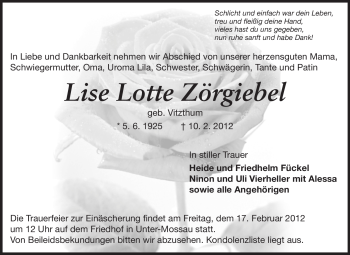 Traueranzeige von Lise Lotte Zörgiebel von Odenwälder Echo