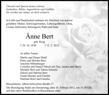 Traueranzeige von Änne Bert von Rüsselsheimer Echo, Groß-Gerauer-Echo, Ried Echo
