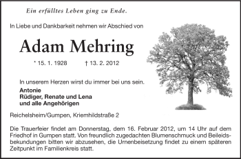 Traueranzeige von Adam Mehring von Echo-Zeitungen (Gesamtausgabe)
