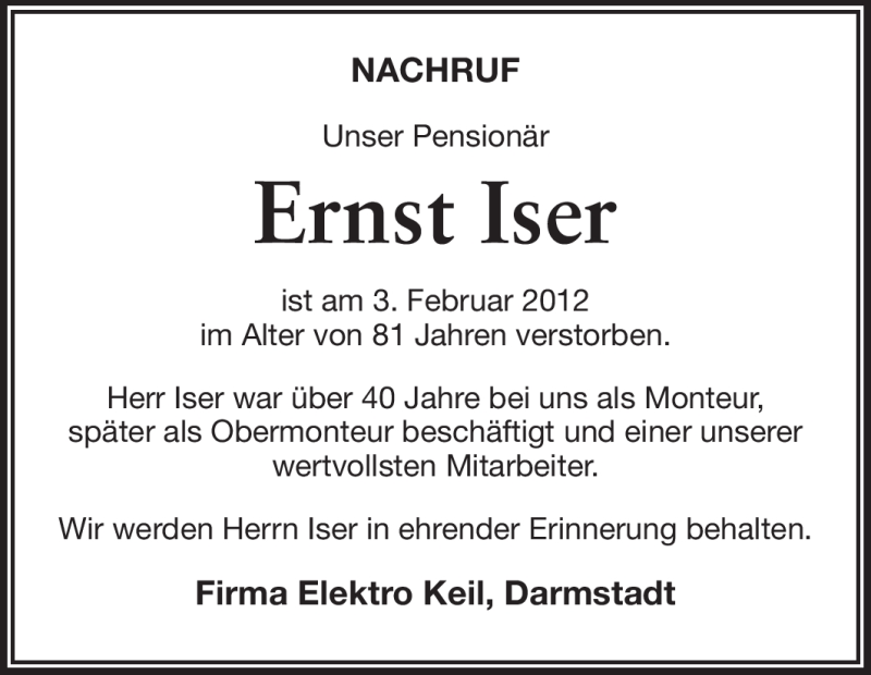  Traueranzeige für Ernst Iser vom 15.02.2012 aus Echo-Zeitungen (Gesamtausgabe)