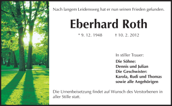 Traueranzeige von Eberhard Roth von Darmstädter Echo, Odenwälder Echo, Rüsselsheimer Echo, Groß-Gerauer-Echo, Ried Echo