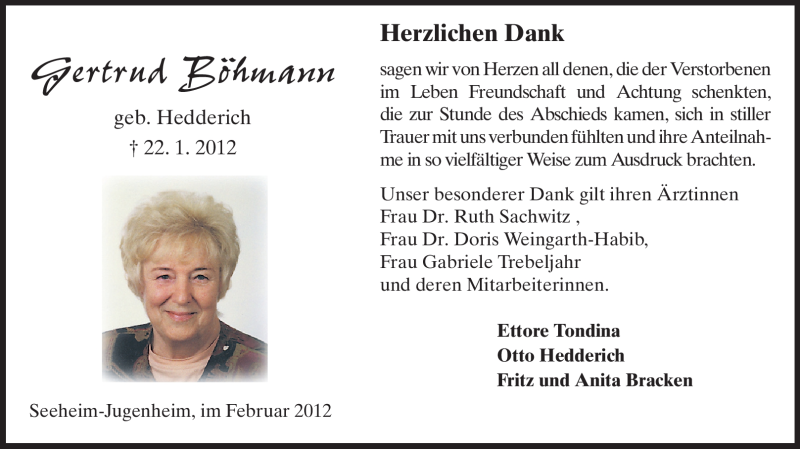  Traueranzeige für Gertrud Böhmann vom 15.02.2012 aus Echo-Zeitungen (Gesamtausgabe)