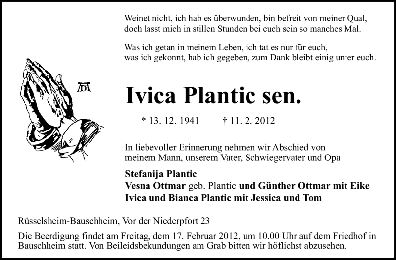  Traueranzeige für Ivica Plantic vom 15.02.2012 aus Rüsselsheimer Echo, Groß-Gerauer-Echo, Ried Echo