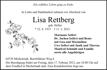 Traueranzeige von Lisa Rettberg von Odenwälder Echo