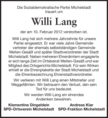 Traueranzeige von Hans Lang von Odenwälder Echo