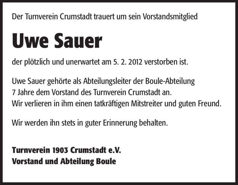  Traueranzeige für Uwe Peter Sauer vom 16.02.2012 aus Rüsselsheimer Echo, Groß-Gerauer-Echo, Ried Echo