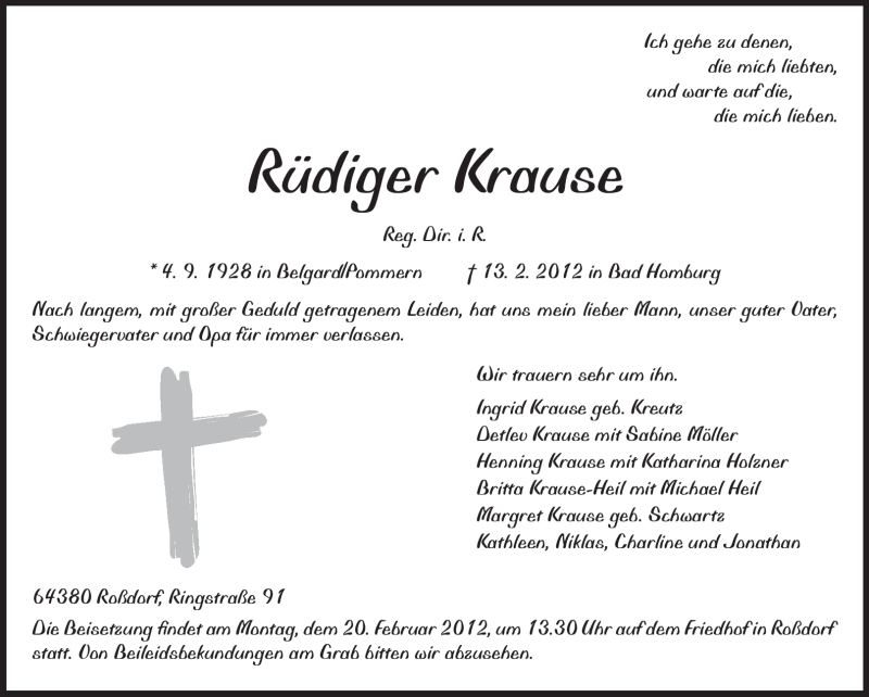  Traueranzeige für Rüdiger Krause vom 18.02.2012 aus Echo-Zeitungen (Gesamtausgabe)