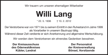 Traueranzeige von Willi Lang von Odenwälder Echo
