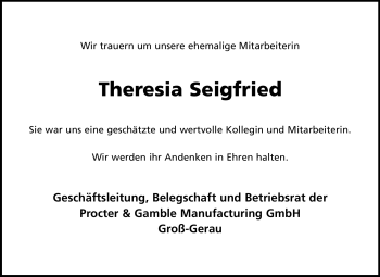 Traueranzeige von Theresia Seigfried von Rüsselsheimer Echo, Groß-Gerauer-Echo, Ried Echo