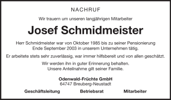 Traueranzeige von Josef Schmidmeister von Odenwälder Echo
