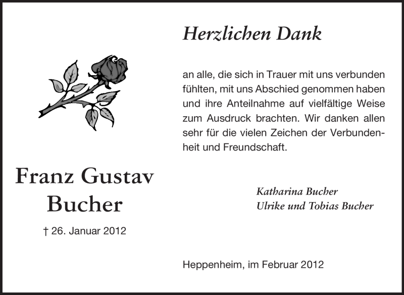  Traueranzeige für Franz Gustav Bucher vom 18.02.2012 aus Starkenburger Echo