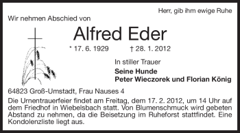 Traueranzeige von Alfred Eder von Echo-Zeitungen (Gesamtausgabe)