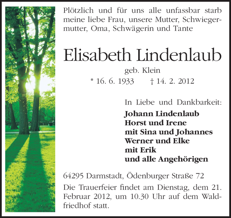  Traueranzeige für Elisabeth Lindenlaub vom 18.02.2012 aus Darmstädter Echo, Odenwälder Echo, Rüsselsheimer Echo, Groß-Gerauer-Echo, Ried Echo