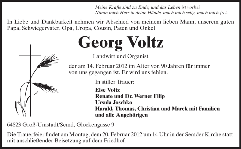  Traueranzeige für Georg Voltz vom 18.02.2012 aus Echo-Zeitungen (Gesamtausgabe)