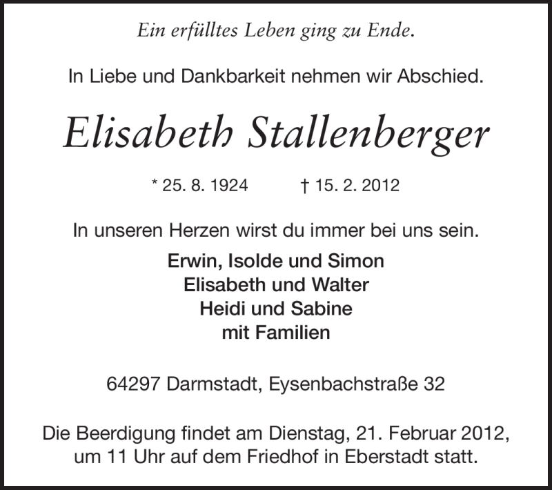  Traueranzeige für Elisabeth Stallenberger vom 18.02.2012 aus Darmstädter Echo, Odenwälder Echo, Rüsselsheimer Echo, Groß-Gerauer-Echo, Ried Echo