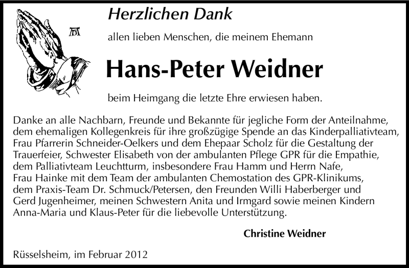  Traueranzeige für Hans-Peter Weidner vom 17.02.2012 aus Rüsselsheimer Echo, Groß-Gerauer-Echo, Ried Echo