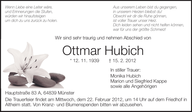  Traueranzeige für Ottmar Hubich vom 18.02.2012 aus Echo-Zeitungen (Gesamtausgabe)