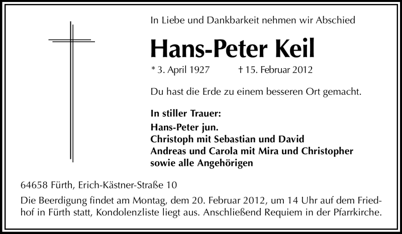  Traueranzeige für Hans-Peter Keil vom 17.02.2012 aus Starkenburger Echo