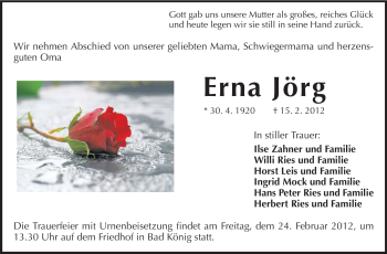 Traueranzeige von Erna Jörg von Odenwälder Echo