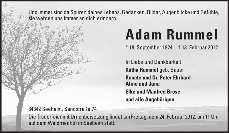  Traueranzeige für Adam Rummel vom 20.02.2012 aus Echo-Zeitungen (Gesamtausgabe)