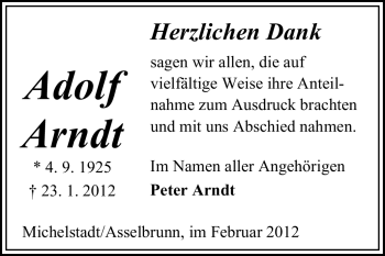 Traueranzeige von Adolf Arndt von Odenwälder Echo