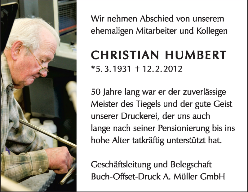  Traueranzeige für Christian Humbert vom 18.02.2012 aus Odenwälder Echo