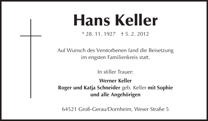  Traueranzeige für Hans Keller vom 24.02.2012 aus Rüsselsheimer Echo, Groß-Gerauer-Echo, Ried Echo