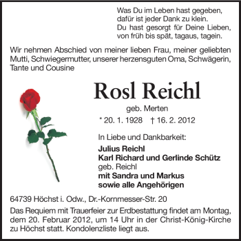 Traueranzeige von Rosl Reichl von Odenwälder Echo