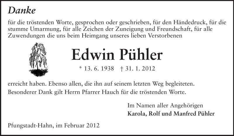  Traueranzeige für Edwin Pühler vom 18.02.2012 aus Echo-Zeitungen (Gesamtausgabe)