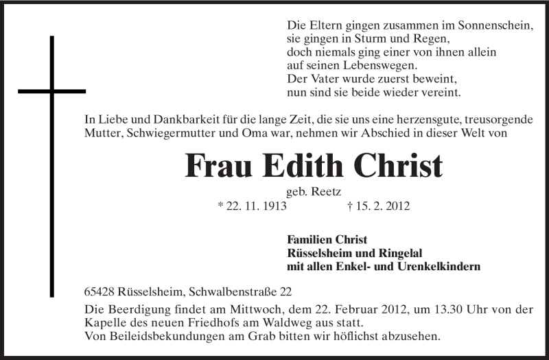  Traueranzeige für Edith Christ vom 18.02.2012 aus Rüsselsheimer Echo, Groß-Gerauer-Echo, Ried Echo