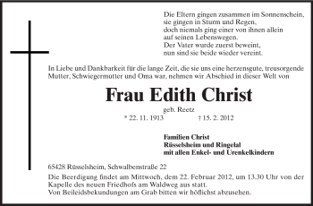 Traueranzeige von Edith Christ von Rüsselsheimer Echo, Groß-Gerauer-Echo, Ried Echo