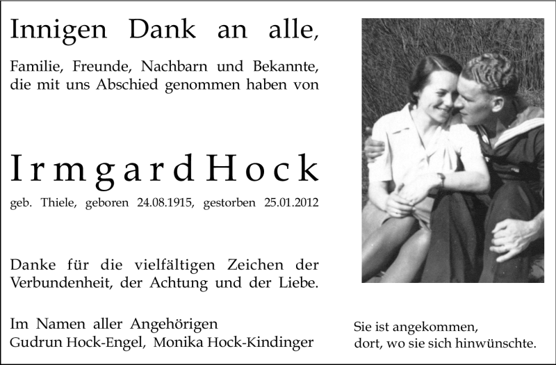  Traueranzeige für Irmgard Hock vom 18.02.2012 aus Echo-Zeitungen (Gesamtausgabe)