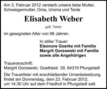 Traueranzeige von Elisabeth Weber von Echo-Zeitungen (Gesamtausgabe)