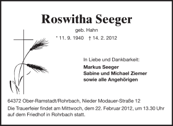 Traueranzeige von Roswitha Seeger von Echo-Zeitungen (Gesamtausgabe)