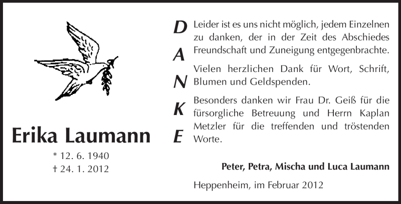  Traueranzeige für Erika Laumann vom 22.02.2012 aus Starkenburger Echo