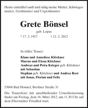 Traueranzeige von Grete Bönsel von Echo-Zeitungen (Gesamtausgabe)