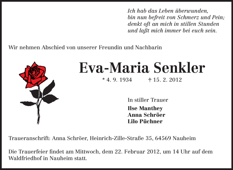  Traueranzeige für Eva-Maria Senkler vom 18.02.2012 aus Rüsselsheimer Echo, Groß-Gerauer-Echo, Ried Echo