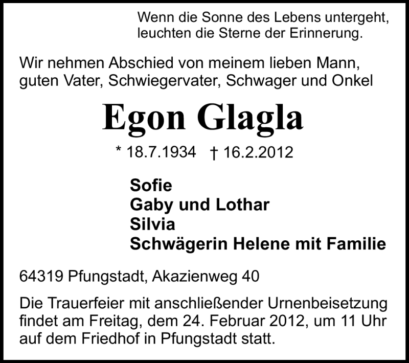  Traueranzeige für Egon Glagla vom 18.02.2012 aus Echo-Zeitungen (Gesamtausgabe)