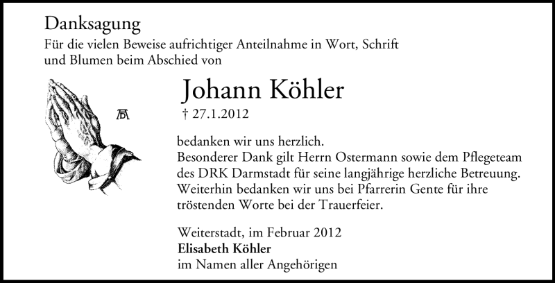  Traueranzeige für Johann Köhler vom 18.02.2012 aus Echo-Zeitungen (Gesamtausgabe)
