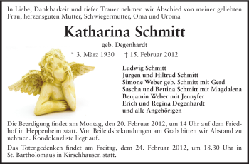 Traueranzeige von Katharina Schmitt von Starkenburger Echo
