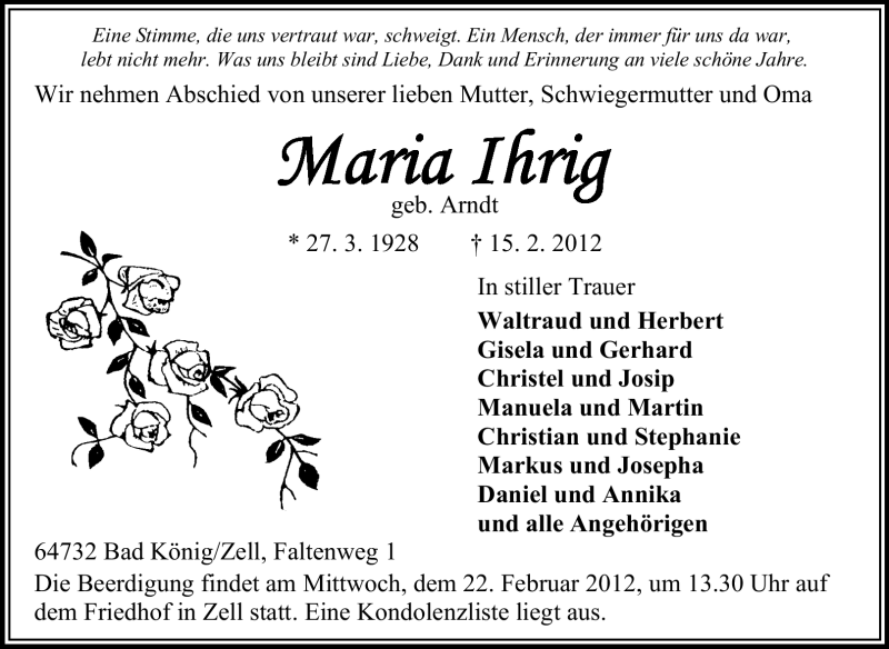  Traueranzeige für Maria Ihrig vom 18.02.2012 aus Odenwälder Echo