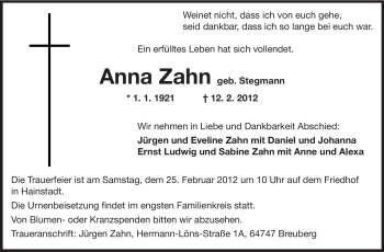 Traueranzeige von Anna Zahn von Odenwälder Echo