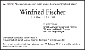 Traueranzeige von Winfried Fischer von Echo-Zeitungen (Gesamtausgabe)