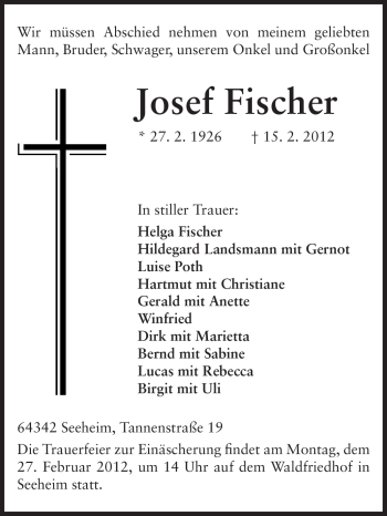 Traueranzeige von Josef Fischer von Echo-Zeitungen (Gesamtausgabe)