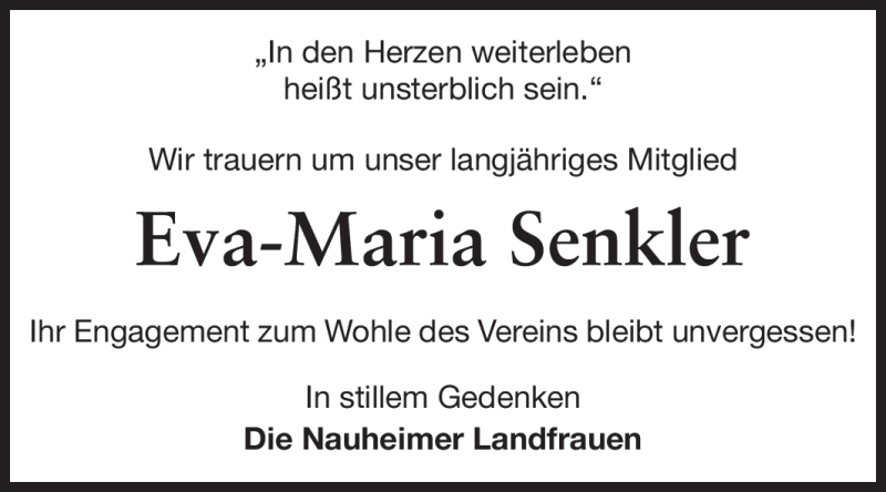  Traueranzeige für Eva-Maria Senkler vom 20.02.2012 aus Rüsselsheimer Echo, Groß-Gerauer-Echo, Ried Echo
