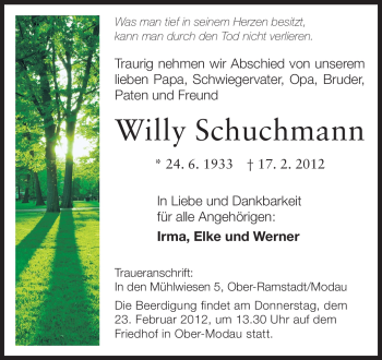 Traueranzeige von Willy Schuchmann von Echo-Zeitungen (Gesamtausgabe)