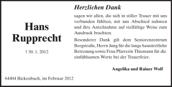 Traueranzeige von Hans Rupprecht von Echo-Zeitungen (Gesamtausgabe)