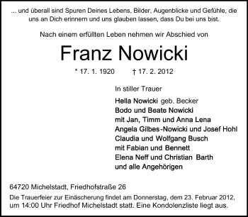 Traueranzeige von Franz Nowicki von Odenwälder Echo